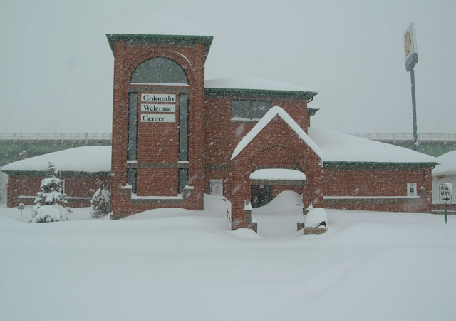 Picture of Colorado Welcome Center buried in snow.